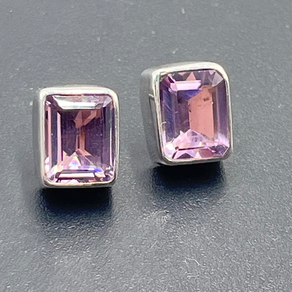 Lori Bonn Sterling Silver‎ Rectangular Faceted Bezel Amethyst Stud Earrings